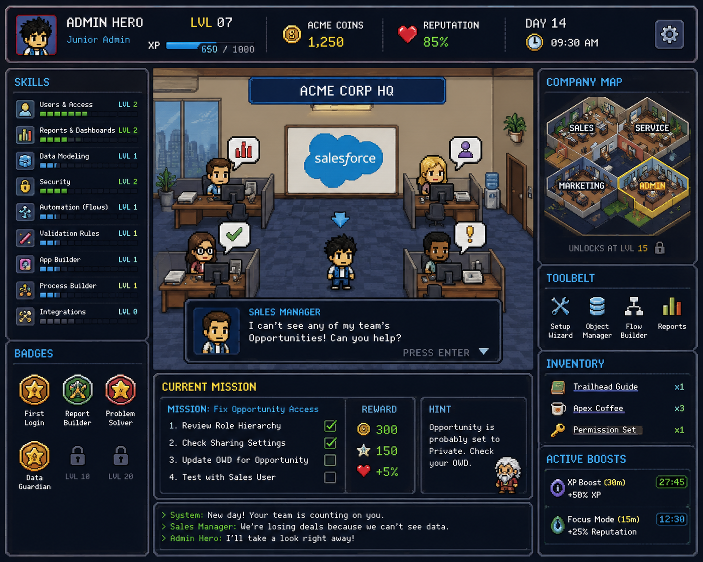 Field Notes game concept showing an Admin Hero navigating an Acme Corp Salesforce mission, with skills, a company map, badges, and progression.